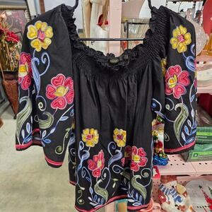 RADZOU Black Embroidered Floral Off Shoulder Smocked Blouse Top Size S
